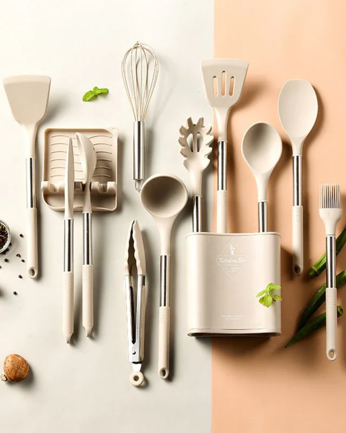 Ensemble d'Ustensiles de Cuisine en Silicone – Style Nordique 13 Pièces Beige