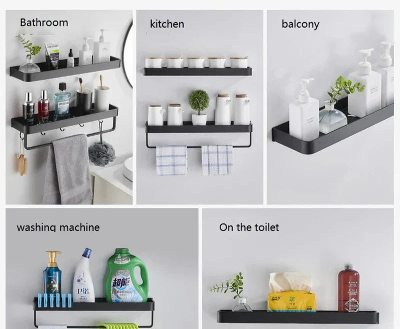 Étagère Murale Salle de Bain Noire Sans Perçage 3 Niveaux
