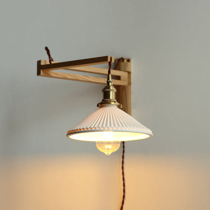 Applique Murale Rétractable en Verre Blanc Rayé avec Détail en Noyer – Style Nordique à 1 Lumière