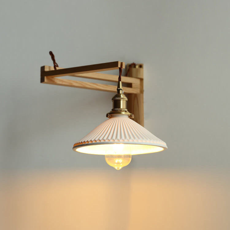 Applique Murale Rétractable en Verre Blanc Rayé avec Détail en Noyer – Style Nordique à 1 Lumière