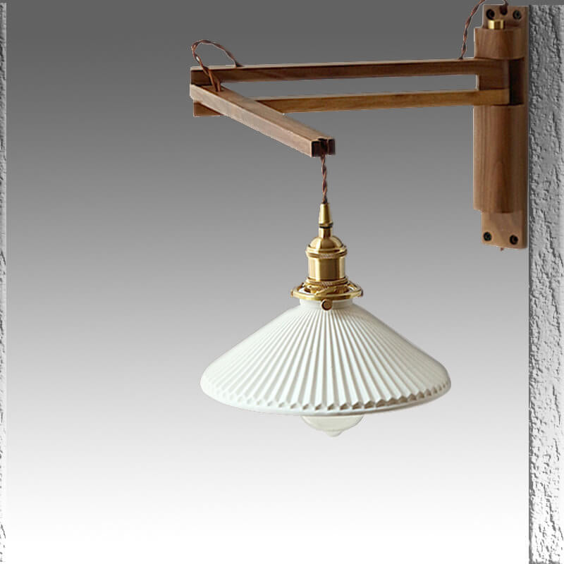 Applique Murale Rétractable en Verre Blanc Rayé avec Détail en Noyer – Style Nordique à 1 Lumière