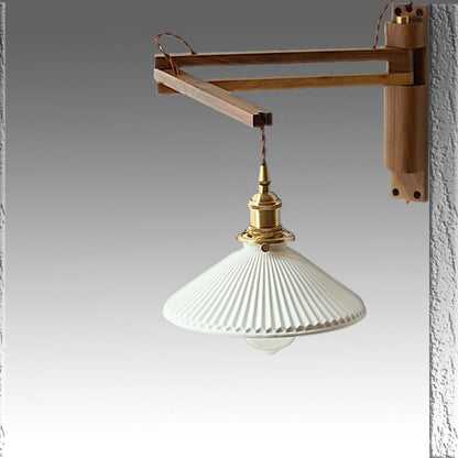 Applique Murale Rétractable en Verre Blanc Rayé avec Détail en Noyer – Style Nordique à 1 Lumière