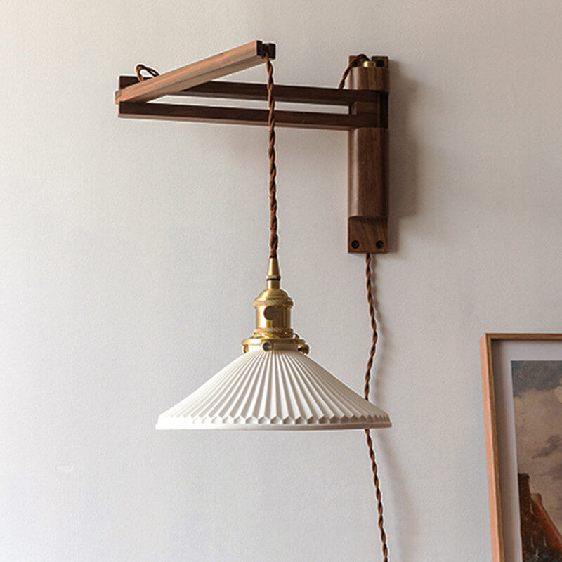 Applique Murale Rétractable en Verre Blanc Rayé avec Détail en Noyer – Style Nordique à 1 Lumière