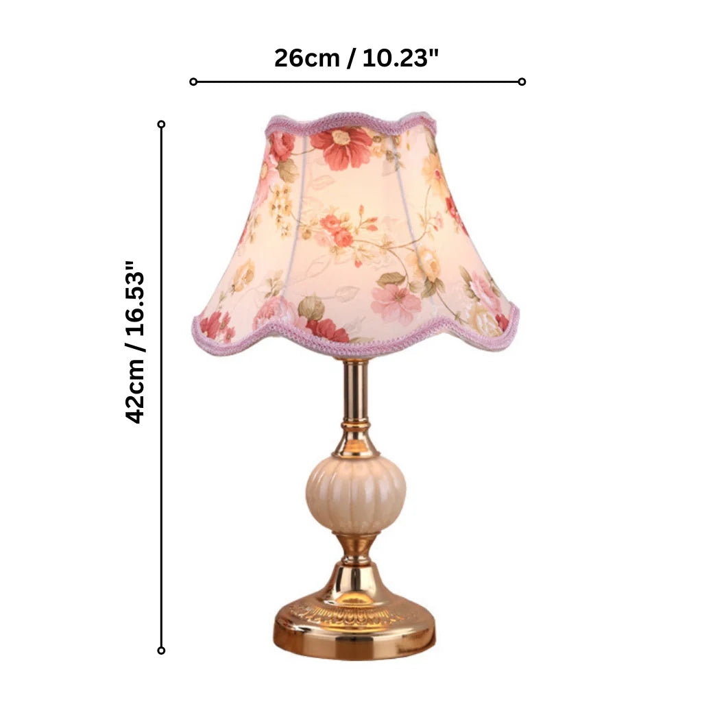 Lampe de Table Vintage Tissu Fleuri, Verre & Fer Doré