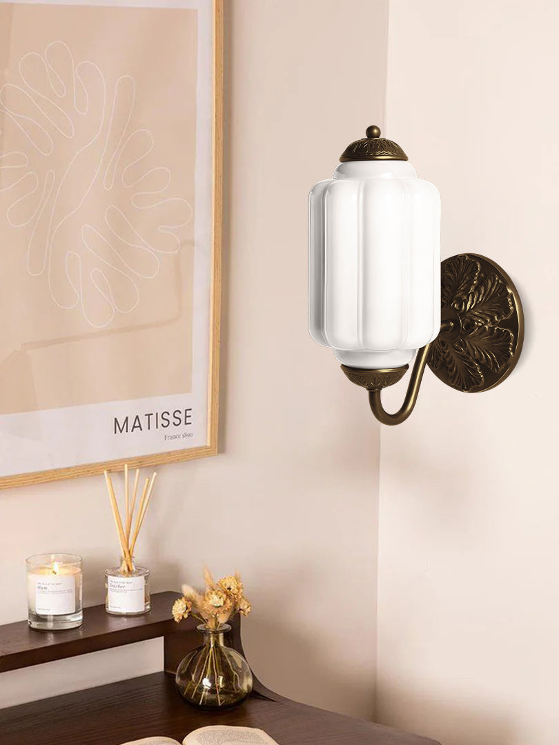 Applique Murale Vintage Verre Opalin Laiton Forgé