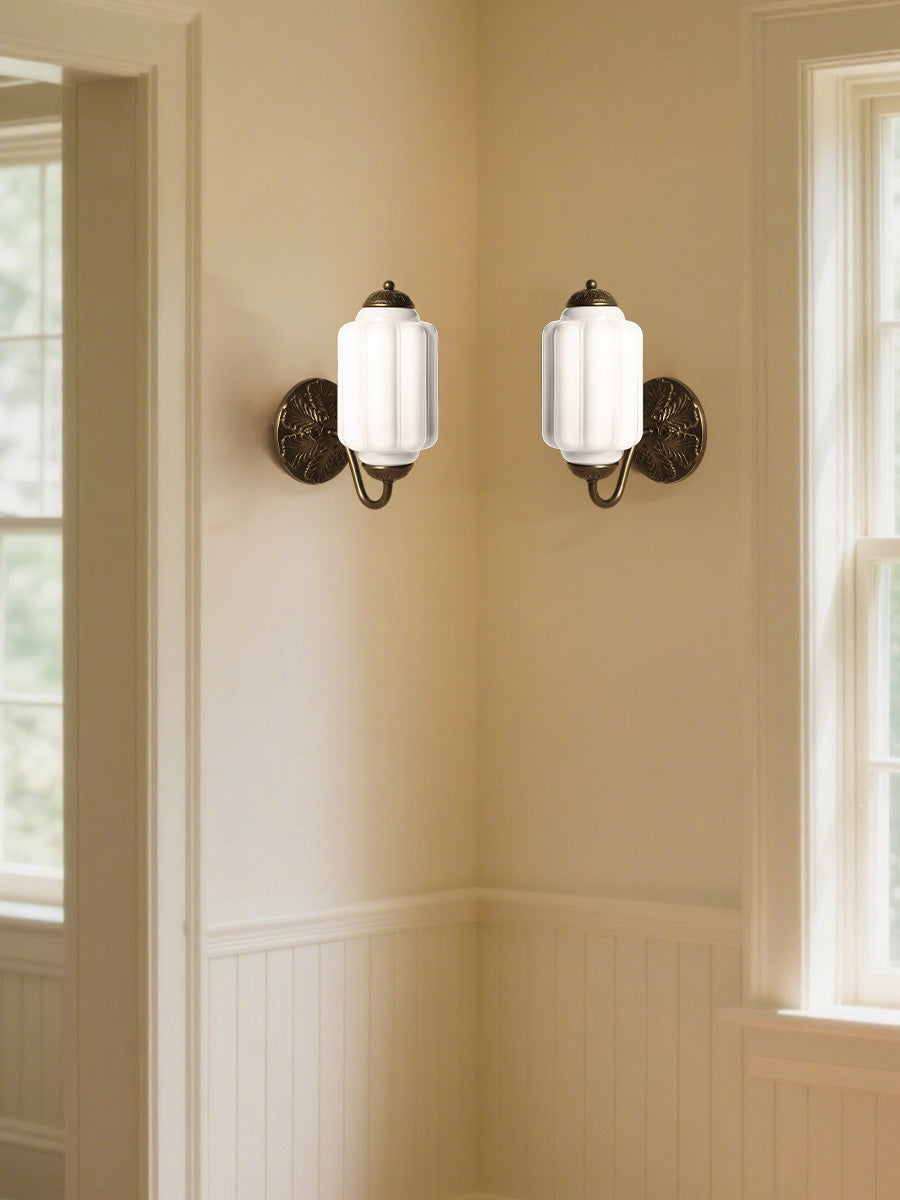 Applique Murale Vintage Verre Opalin Laiton Forgé