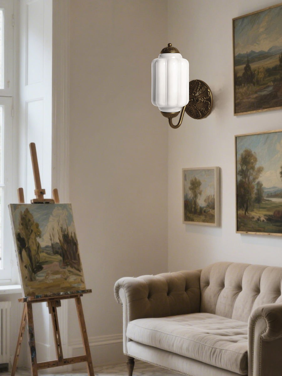 Applique Murale Vintage Verre Opalin Laiton Forgé