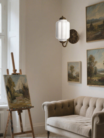 Applique Murale Vintage Verre Opalin Laiton Forgé