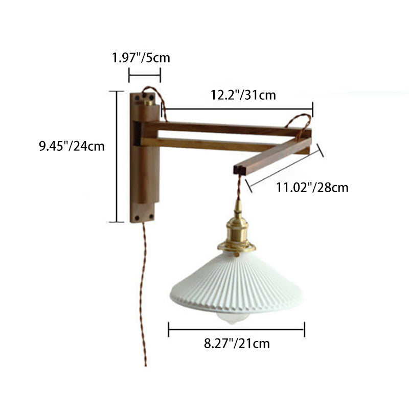 Applique Murale Rétractable en Verre Blanc Rayé avec Détail en Noyer – Style Nordique à 1 Lumière
