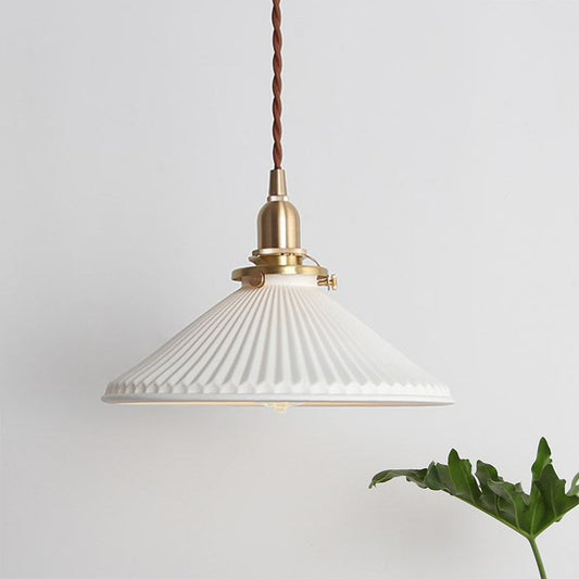 LumiBlanc - Suspension Luminaire en Céramique Blanche à Abat-Jour Strié