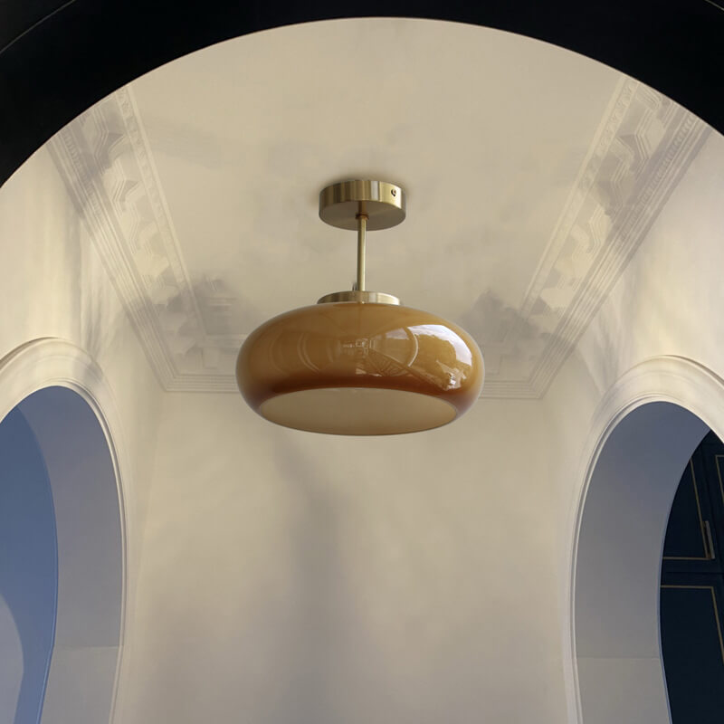 Plafonnier Vintage en Laiton | Verre Jaune et Design Semi-Encastré à 1 Ampoule