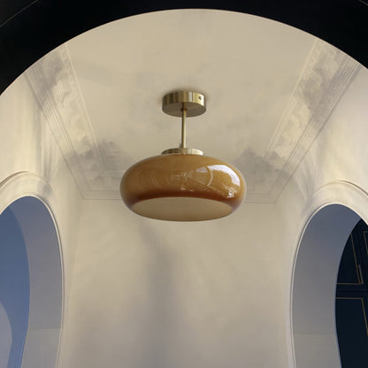 Plafonnier Vintage en Laiton | Verre Jaune et Design Semi-Encastré à 1 Ampoule