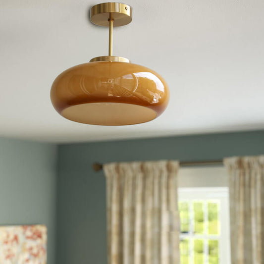 Plafonnier Vintage en Laiton | Verre Jaune et Design Semi-Encastré à 1 Ampoule