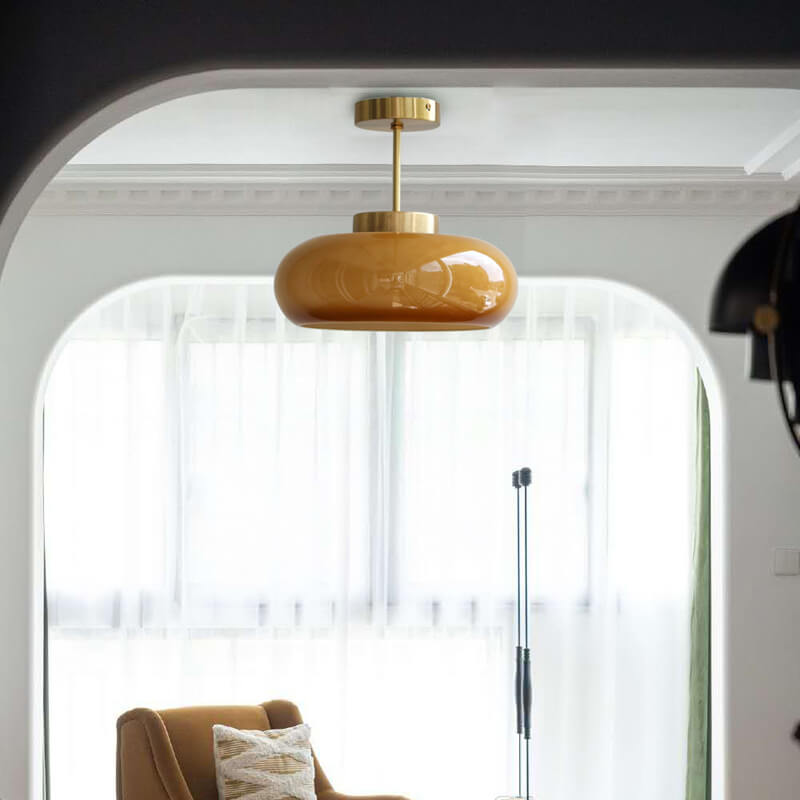 Plafonnier Vintage en Laiton | Verre Jaune et Design Semi-Encastré à 1 Ampoule