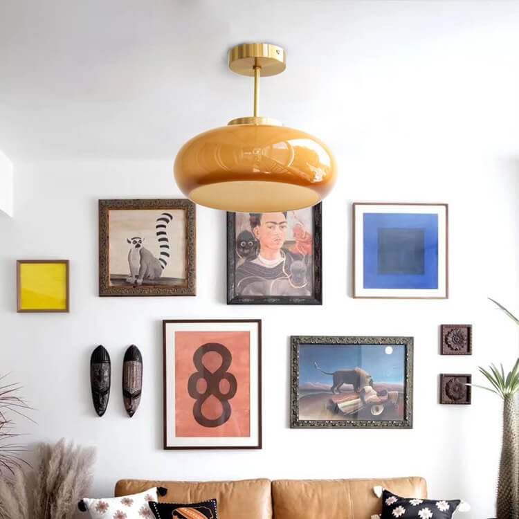 Plafonnier Vintage en Laiton | Verre Jaune et Design Semi-Encastré à 1 Ampoule