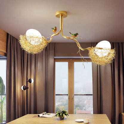 Suspension Artistique | Lustre en Verre Blanc Lait avec Oiseaux et Nid en Aluminium Cousu Main