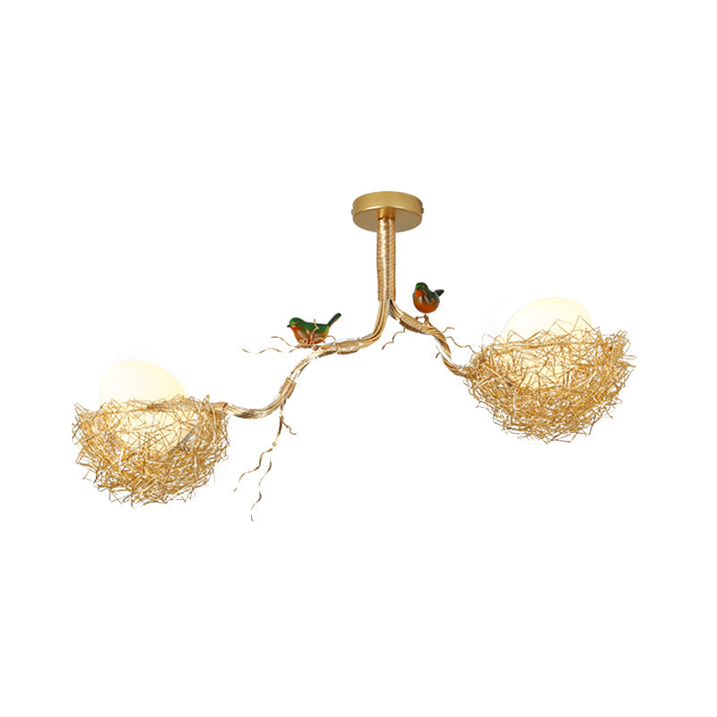 Suspension Artistique | Lustre en Verre Blanc Lait avec Oiseaux et Nid en Aluminium Cousu Main