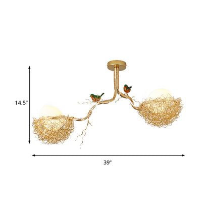 Suspension Artistique | Lustre en Verre Blanc Lait avec Oiseaux et Nid en Aluminium Cousu Main
