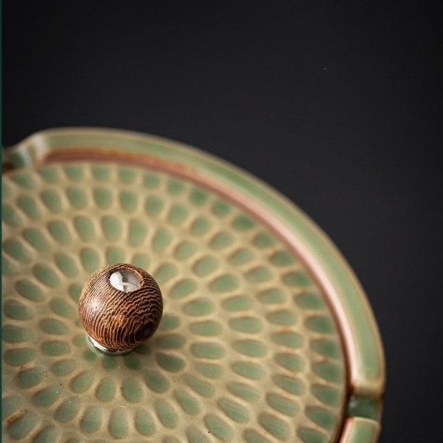 Cendrier Rétro Asiatique, Céramique et Couvercle Bois