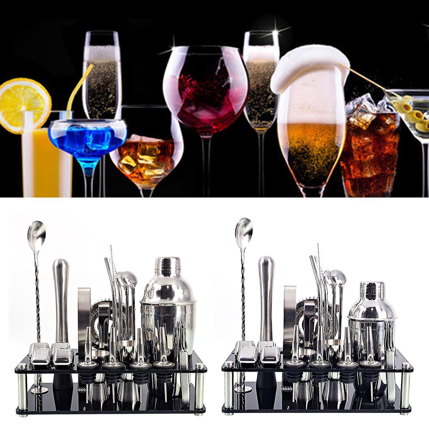 Barkeeper Set – Kit de Barman 23 Pièces en Inox avec Support Organisé