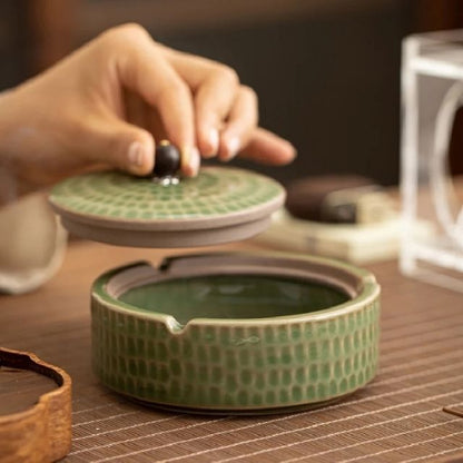 Cendrier Rétro Asiatique, Céramique et Couvercle Bois