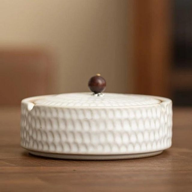 Cendrier Rétro Asiatique, Céramique et Couvercle Bois