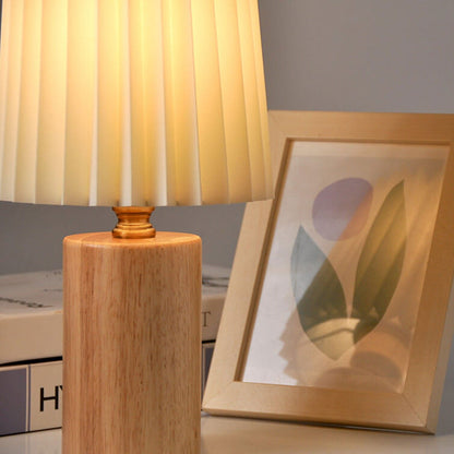 Lampe de Table Vintage Coréenne, Abat-Jour Plissé, Bois Massif