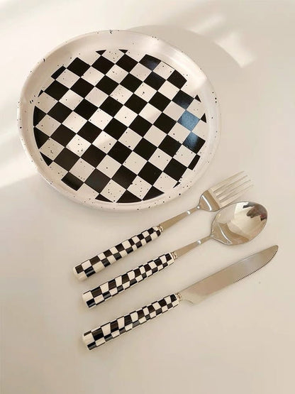 Couverts Modernes à Carreaux, 6 Pièces, Manche Céramique