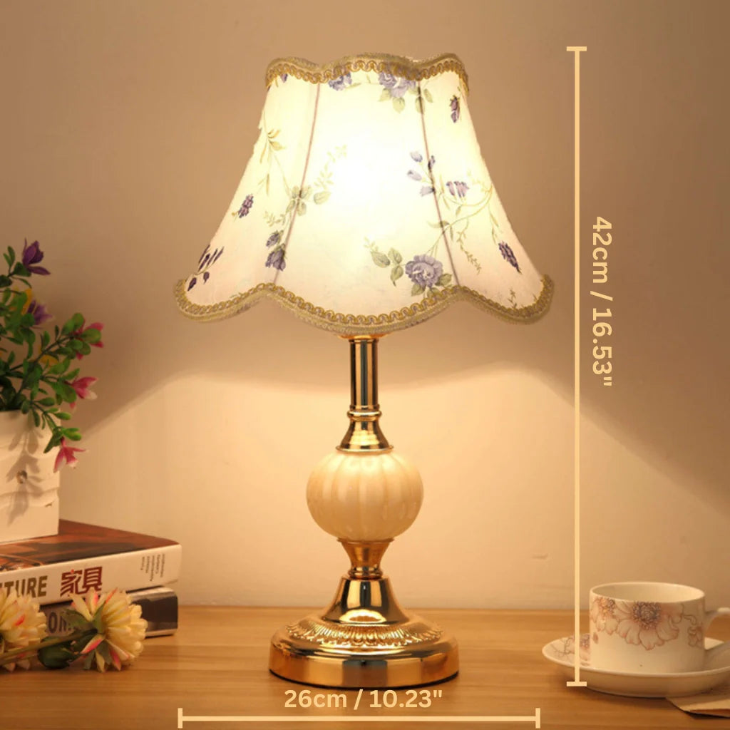 Lampe de Table Vintage Tissu Fleuri, Verre & Fer Doré