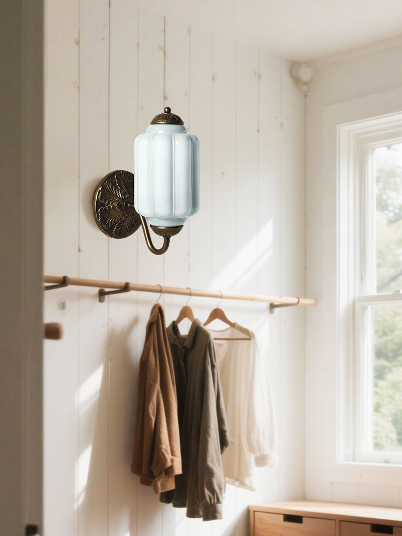 Applique Murale Vintage Verre Opalin Laiton Forgé