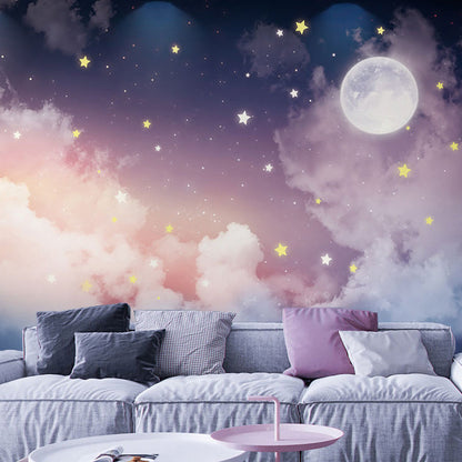 Fresque Murale Grande Taille | Lune et Étoiles - Décor Tranquille en Rose et Violet