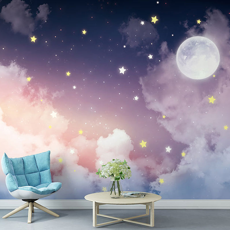 Fresque Murale Grande Taille | Lune et Étoiles - Décor Tranquille en Rose et Violet