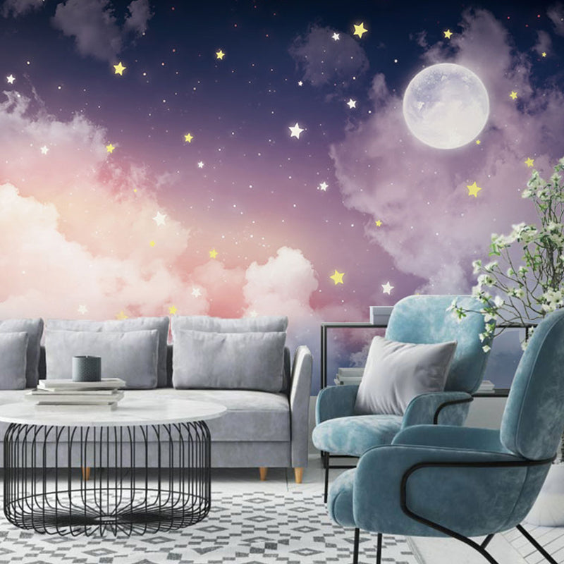 Fresque Murale Grande Taille | Lune et Étoiles - Décor Tranquille en Rose et Violet