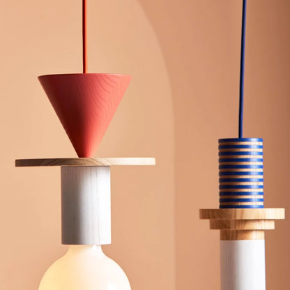 Suspension Bois Géométrique, Design Multicolore, E27