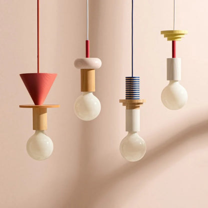 Suspension Bois Géométrique, Design Multicolore, E27
