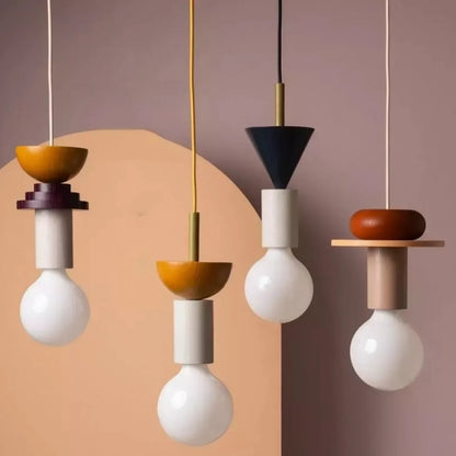 Suspension Bois Géométrique, Design Multicolore, E27