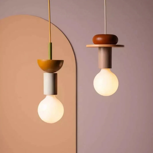 Suspension Bois Géométrique, Design Multicolore, E27