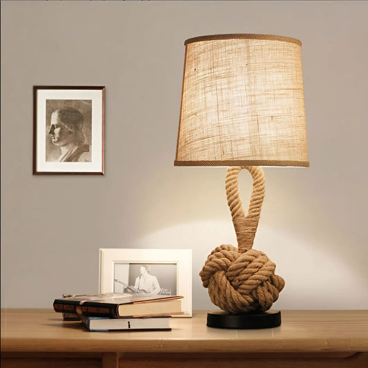 Lampe de Table en Corde de Chanvre avec Abat-jour en Lin Naturel