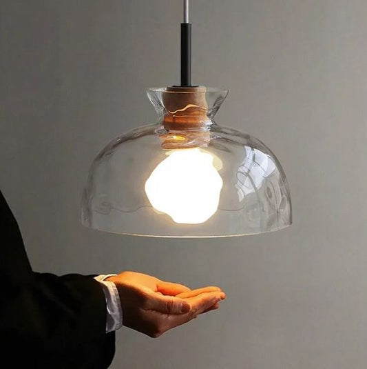 Suspension Verre Élégant E27 – Bois, Métal Noir Mat