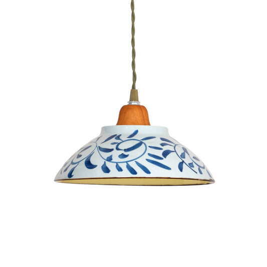 Suspension Céramique Campbell – Lampe Vintage avec Motif Bleu et Détails en Bois Teck
