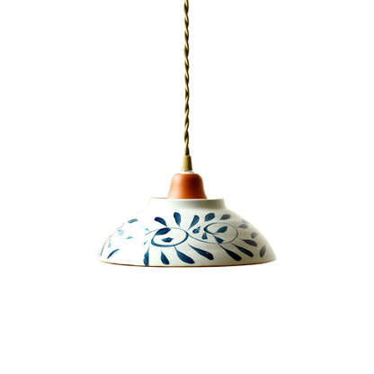 Suspension Céramique Campbell – Lampe Vintage avec Motif Bleu et Détails en Bois Teck