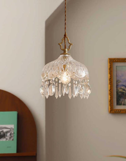 Suspension Vintage en Verre Sculpté et Laiton – E27