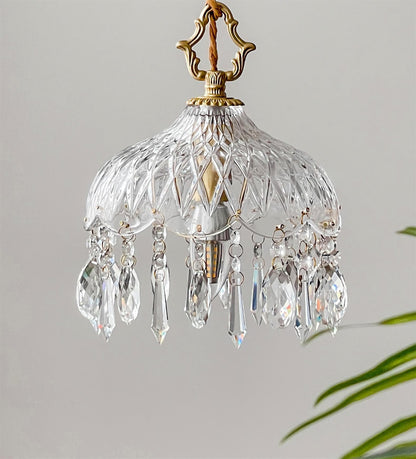 Suspension Vintage en Verre Sculpté et Laiton – E27