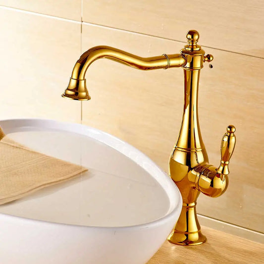Robinet de Lavabo à Poignée Unique en Laiton Doré – Mélangeur pour Salle de Bain et Cuisine