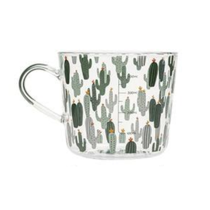 Tasse en Verre Imprimée 500 ml – Motifs Cactus ou Pêche avec Échelle de Mesure