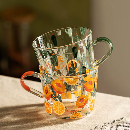 Tasse en Verre Imprimée 500 ml – Motifs Cactus ou Pêche avec Échelle de Mesure