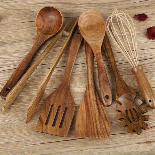 Set d'Ustensiles de Cuisine en Bois – 7 Pièces Élégantes et Antirayures