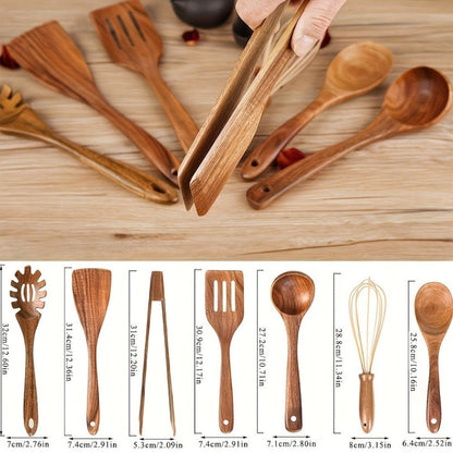 Set d'Ustensiles de Cuisine en Bois – 7 Pièces Élégantes et Antirayures