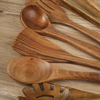 Set d'Ustensiles de Cuisine en Bois – 7 Pièces Élégantes et Antirayures