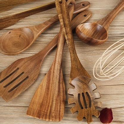 Set d'Ustensiles de Cuisine en Bois – 7 Pièces Élégantes et Antirayures